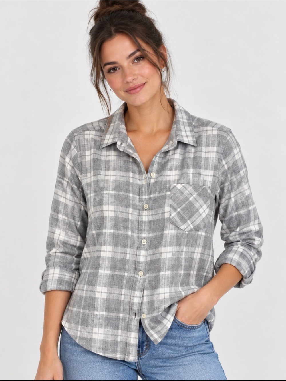 Old Navy Gray & White Plaid Button-Down Flannel Shirt Medium
